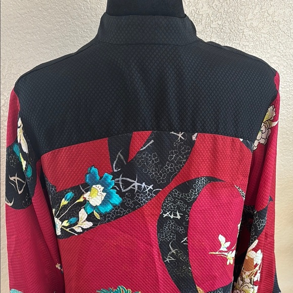 Citron Santa Monica 100% Silk Red Asian Inspired Floral Kimono Jacket - Picture 5 of 8
